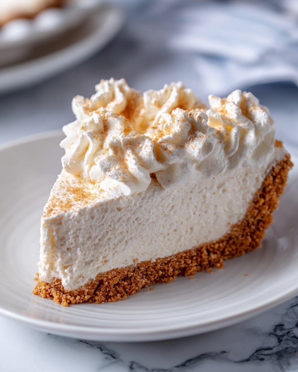 A slice of pie is shown on a white plate with a crumbly light brown crust at the bottom and sides. Above the crust, there is a smooth, dense white cream layer that takes up most of the slice. The top is decorated with large, fluffy dollops of whipped cream, creating a soft, textured look. The plate rests on a white marbled surface with a blurred background. Photo taken with an iphone --ar 4:5 --v 7