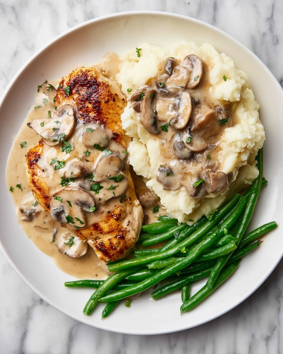 A white plate on a white marbled surface holds a meal with three main parts: on the left, a piece of golden-brown grilled chicken breast topped with creamy beige mushroom sauce and garnished with small green herbs; next to it on the top right, a large serving of smooth, creamy mashed potatoes mixed with mushroom slices and covered in the same sauce; on the bottom right, several bright green steamed green beans neatly arranged side by side. The mushroom sauce has visible soft mushroom slices in light brown and beige tones, and the dish looks fresh and well cooked. photo taken with an iphone --ar 4:5 --v 7