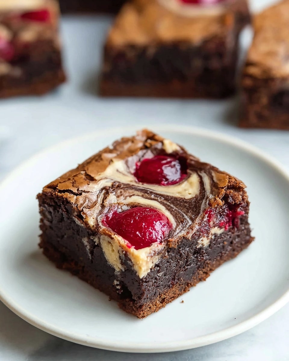 A single square piece of brownie sits on a white plate with a crunchy, cracked top layer in dark brown. Below this is a moist, rich chocolate layer with visible texture. Swirled on the top is a marbled layer of creamy beige and dark chocolate with two bright red cherry or berry sections peeking through, adding a glossy contrast. The background surface is a white marbled texture with other brownies blurred in the back. photo taken with an iphone --ar 4:5 --v 7