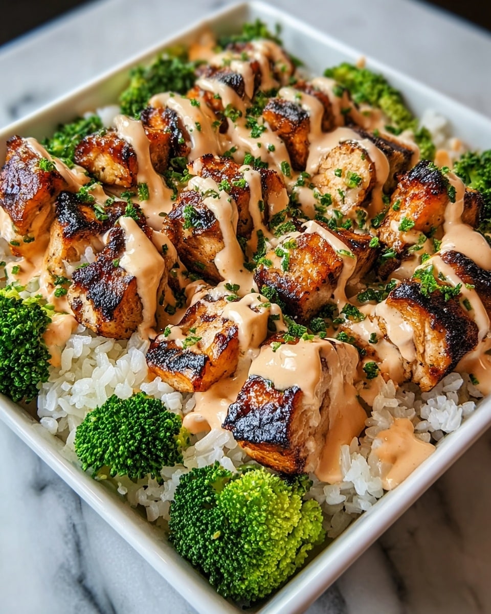 A white square dish filled with three layers: the base layer is white fluffy rice, the middle layer has bright green broccoli florets placed along the edges, and the top layer features thick grilled chicken pieces with dark grill marks, drizzled generously with a creamy light brown sauce and sprinkled with small green herb bits. The overall look is colorful and fresh with the sauce adding a smooth texture contrast. The dish is set on a white marbled surface. photo taken with an iphone --ar 4:5 --v 7