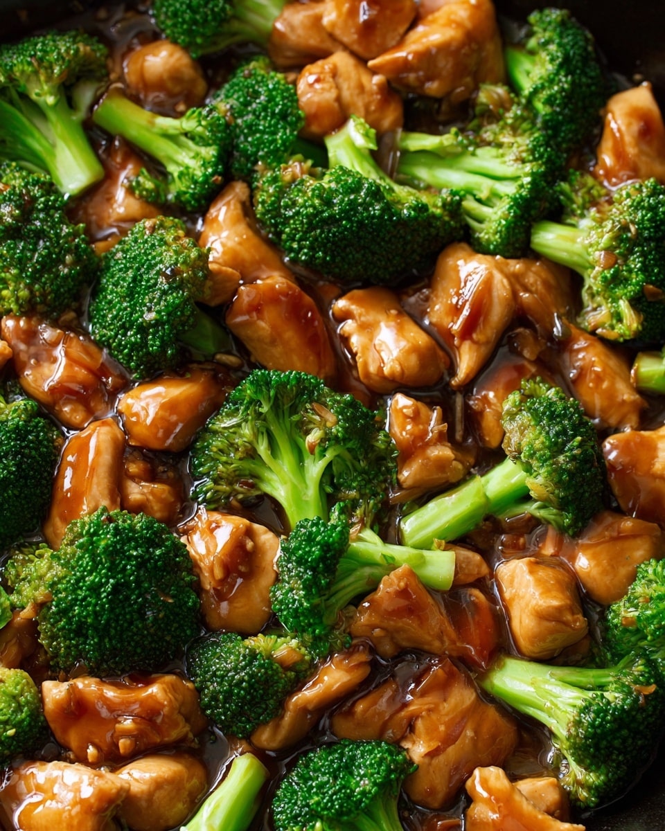 The image shows a close-up of a cooked dish made up of small, tender brown chicken pieces covered with a shiny and thick brown sauce, mixed with bright green broccoli florets and stalks, all laid out together in a pan. The chicken pieces have a smooth texture with some light crisp edges visible, while the broccoli appears fresh and slightly steamed with a vibrant green color and a rough, bumpy surface on the florets. The sauce glistens, coating both the chicken and broccoli evenly, filling the small gaps between the pieces, giving a rich and moist look to the dish. Photo taken with an iphone --ar 4:5 --v 7