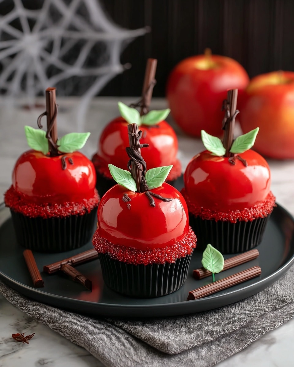 Four cupcakes designed to look like red apples sit on a round black plate over a gray cloth on a white marbled surface. Each cupcake is covered with a smooth, shiny red glaze, with a textured red base peeking out at the bottom, all held in black paper liners. On top of each is a chocolate stick standing vertically, designed like an apple stem with small dark chocolate curls, and two bright green edible leaves placed near the base of the stick. Around the plate are three additional chocolate sticks lying down. In the background, there are two real red apples and a soft, web-like decoration. Photo taken with an iphone --ar 4:5 --v 7