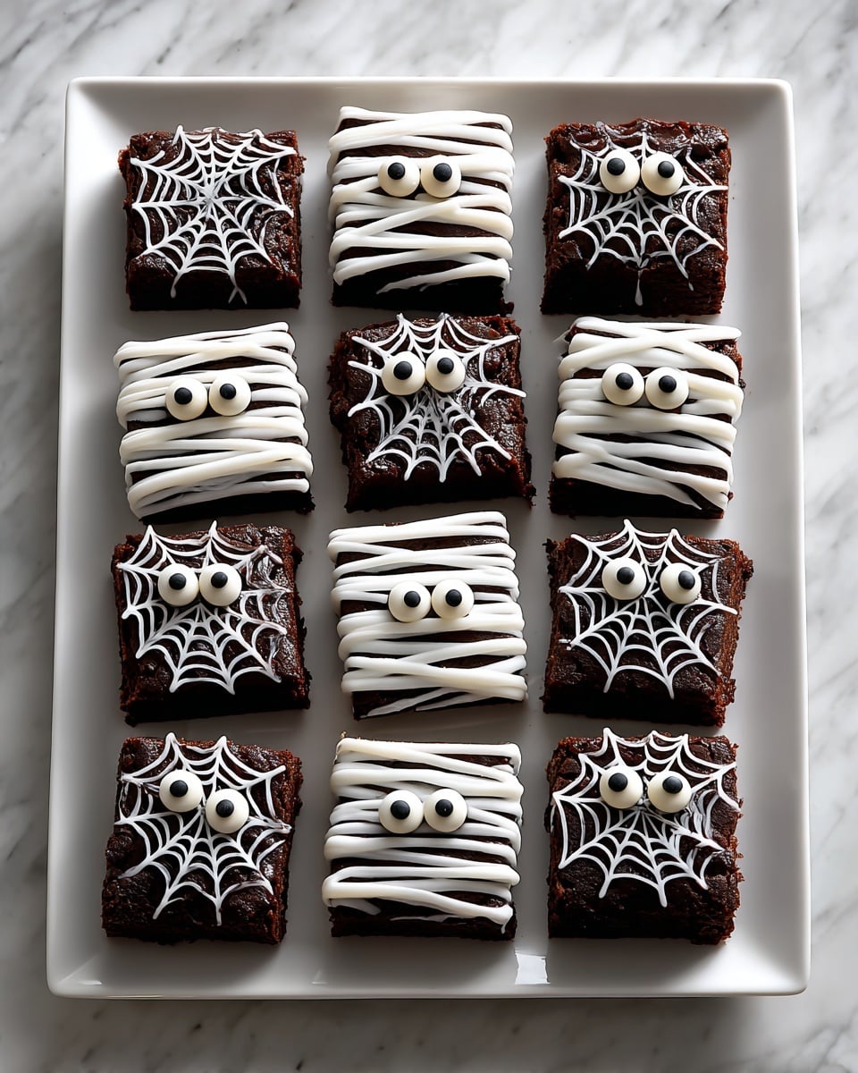 A white square plate holds 16 small, square chocolate brownies arranged in four rows and four columns on a white marbled surface. Half of the brownies are decorated with white icing spider webs, neatly and symmetrically drawn on the top layer, showing the dark chocolate base underneath. The other half resemble mummies, covered with uneven white icing strips layered across the top and two large round candy eyes placed on top, making them look playful. The brownies are uniform in size with a moist, rich texture visible on the sides. photo taken with an iphone --ar 4:5 --v 7