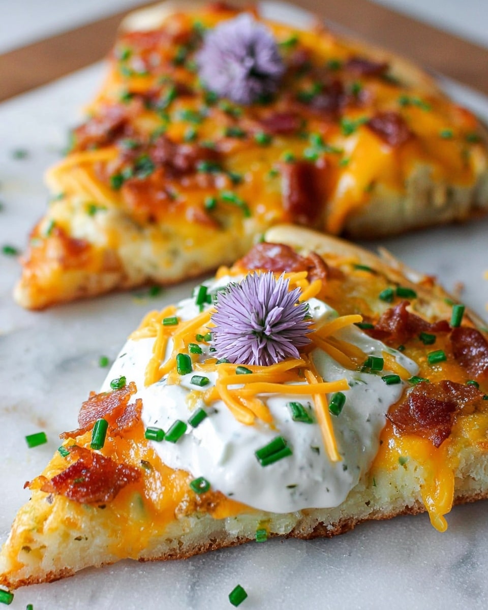 The image shows two slices of pizza on a white marbled textured surface, each slice has a golden-brown crust with melted yellow and orange cheddar cheese covering the base, small pieces of crispy bacon scattered on top, and sprinkled green chives adding a fresh touch. The front slice is topped with a thick layer of white creamy sauce that slightly flows over the edges, garnished with thin cheddar cheese shreds, more chives, and a small purple flower placed in the center. The background slice is out of focus but similarly topped. photo taken with an iphone --ar 4:5 --v 7