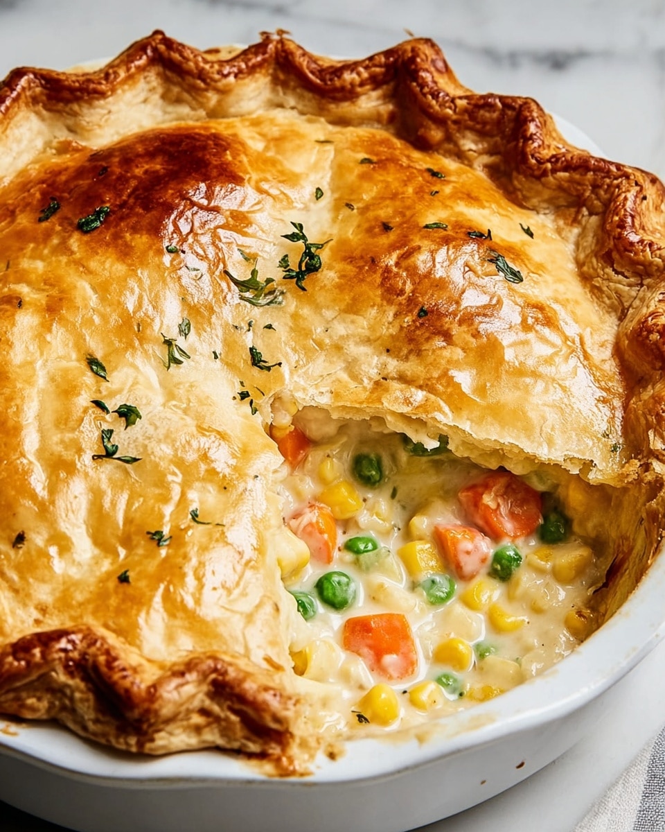 A golden brown pie with a flaky, crimped crust sits in a white dish on a white marbled surface. The top layer is shiny and crisp, with a few bits of green herbs sprinkled across it. A slice has been removed to show the inside, revealing a creamy filling full of colorful vegetables: bright orange carrot pieces, green peas, yellow corn, and translucent chunks of celery in a rich, white sauce. The textures contrast between the crispy crust on top and the smooth, thick filling beneath. Photo taken with an iphone --ar 4:5 --v 7