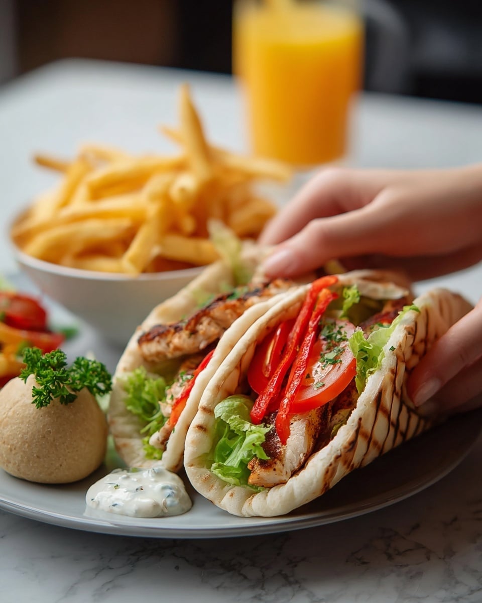 Two soft, lightly toasted pita bread pieces are placed on a white plate, each folded to hold layers inside. The bottom layers are light brown grilled chicken pieces with some char marks, sitting on fresh green leafy lettuce. Above the chicken, slices of bright red tomato and red pepper strips add color. A dollop of white sauce is visible beside the pita on the plate. Next to the pita bread is some green salad with parsley and a round pale beige chickpea ball. A woman's hand gently holds one pita, lifting it slightly. In the foreground is a white bowl filled with golden French fries. The setting shows a blurred glass of orange juice in the background, all on a white marbled surface. Photo taken with an iphone --ar 4:5 --v 7