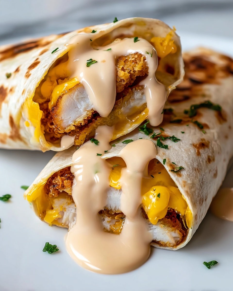 Two grilled folded white tortillas are placed on a white plate with light char marks on top. Inside each tortilla, there are thick slices of grilled chicken breast with a light golden crust, covered with melted orange cheddar cheese and creamy white sauce that drips onto the plate. Small green chopped herbs are sprinkled over the sauce and filling, adding a touch of color. The plate rests on a white marbled surface. photo taken with an iphone --ar 4:5 --v 7