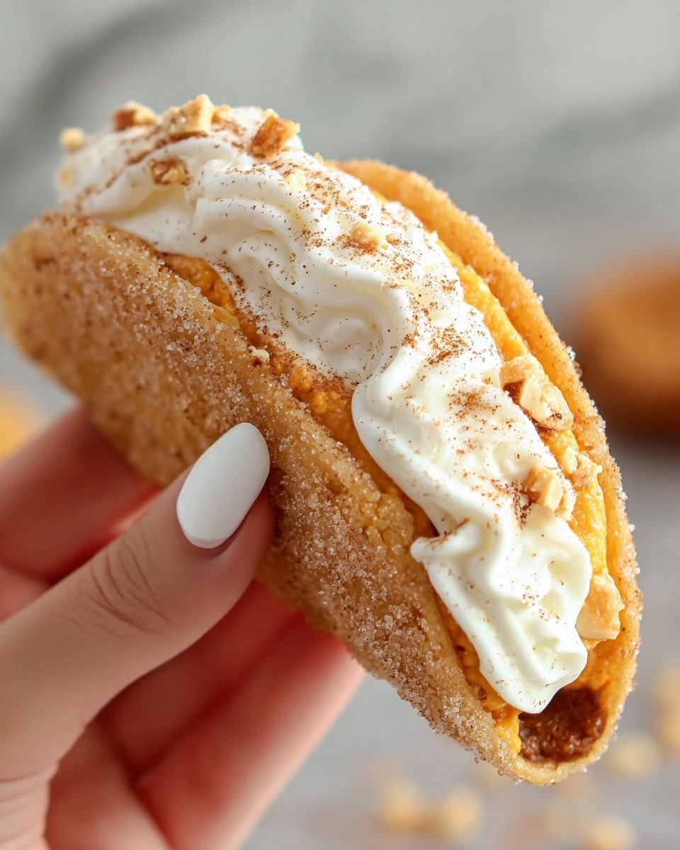 A close-up of a dessert taco held by a woman's hand with long, white nails, showing a soft, golden-brown outer shell coated with sugar crystals. Inside the shell, there are two visible layers: a bottom layer of smooth, orange filling that looks creamy and lightly spiced, and a top layer of fluffy white whipped cream sprinkled with small crushed nuts and a dusting of cinnamon. The background features a soft focus of a white marbled texture. Photo taken with an iphone --ar 4:5 --v 7