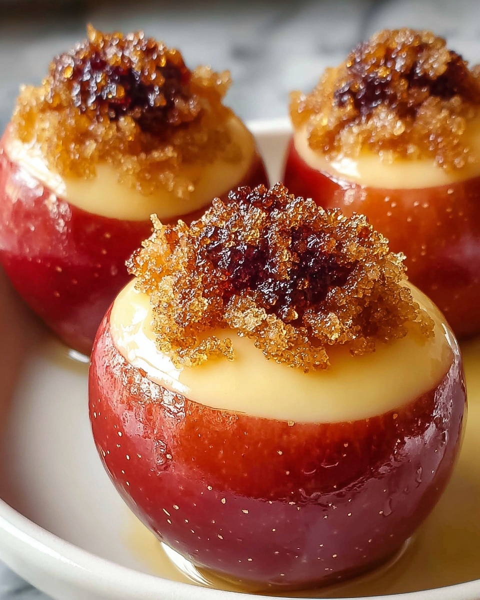 A close-up view of three small red apples, each hollowed out at the top and filled with a smooth, creamy pale yellow custard layer. On top of the custard, there is a thick, crumbly layer of dark brown sugar crystals, glistening with syrup and slightly piled up. The apples sit closely together on a white ceramic plate, placed on a white marbled surface. The apple skins are shiny and slightly wet, showing texture and small natural spots. The photo is well-lit, highlighting the glossy and textured details of the apple skins and toppings. Photo taken with an iphone --ar 4:5 --v 7