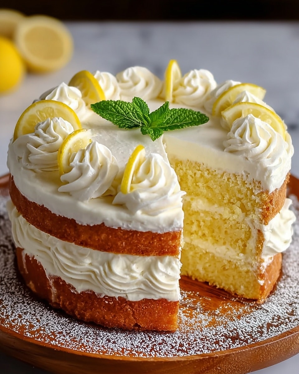 A two-layer round cake with light yellow sponge and white cream filling between the layers, all covered with smooth white frosting. The top edge has piped swirls of white cream, each topped with a thin lemon slice, and a fresh green mint leaf placed in the center. The cake sits on a wooden plate dusted with powdered sugar, against a white marbled surface. The inner texture of the sponge looks moist and crumbly, and the frosting appears soft and creamy. Photo taken with an iphone --ar 4:5 --v 7