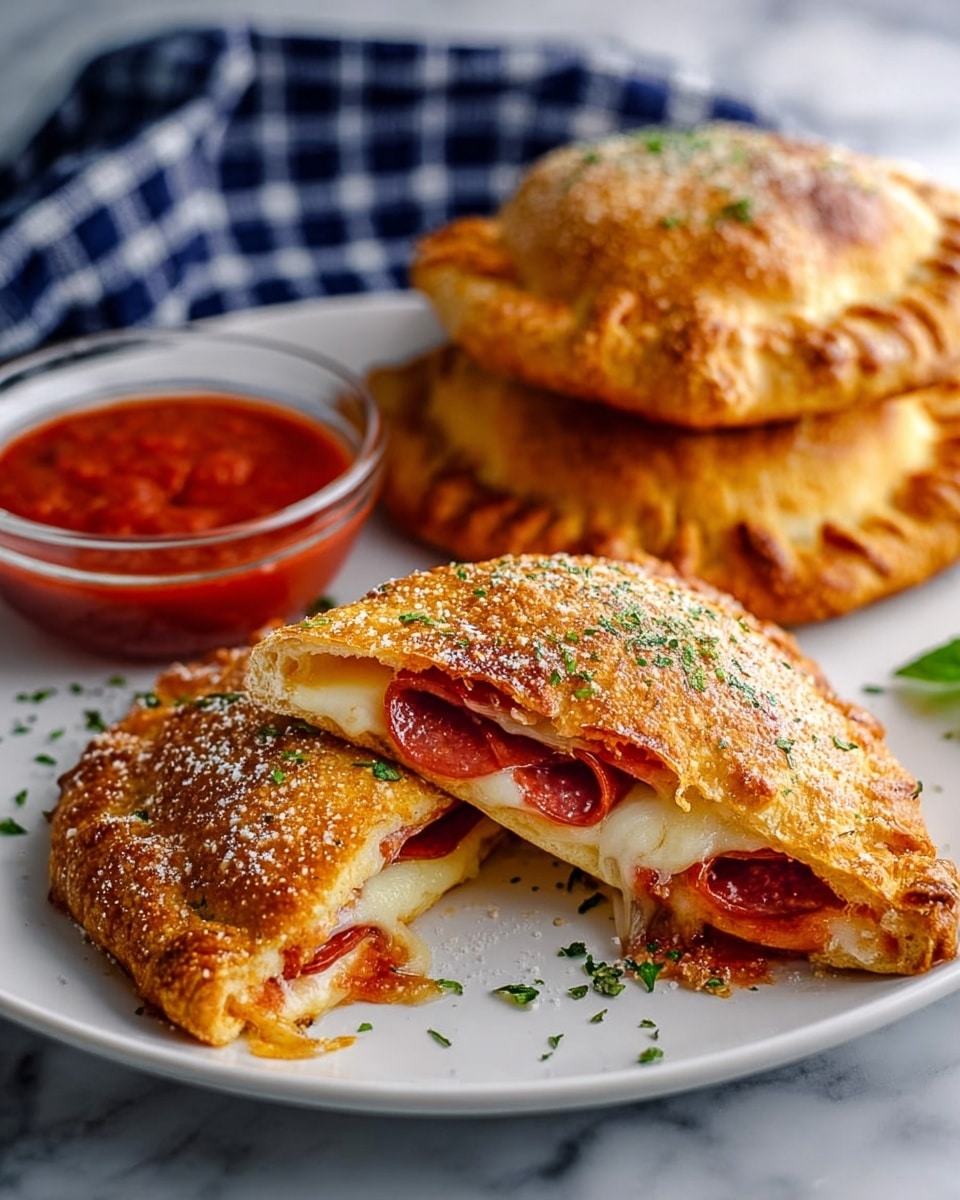 A white plate on a white marbled surface holds three golden-brown calzones with a slightly crispy, textured crust sprinkled with green herbs and a light dusting of white powder. The front calzone is cut open, showing two layers inside: melted white cheese and red pepperoni slices. Behind these, two whole calzones are stacked. To the back left, a small clear glass bowl contains bright red marinara sauce, and a navy blue checkered cloth is in the blurred background. photo taken with an iphone --ar 4:5 --v 7
