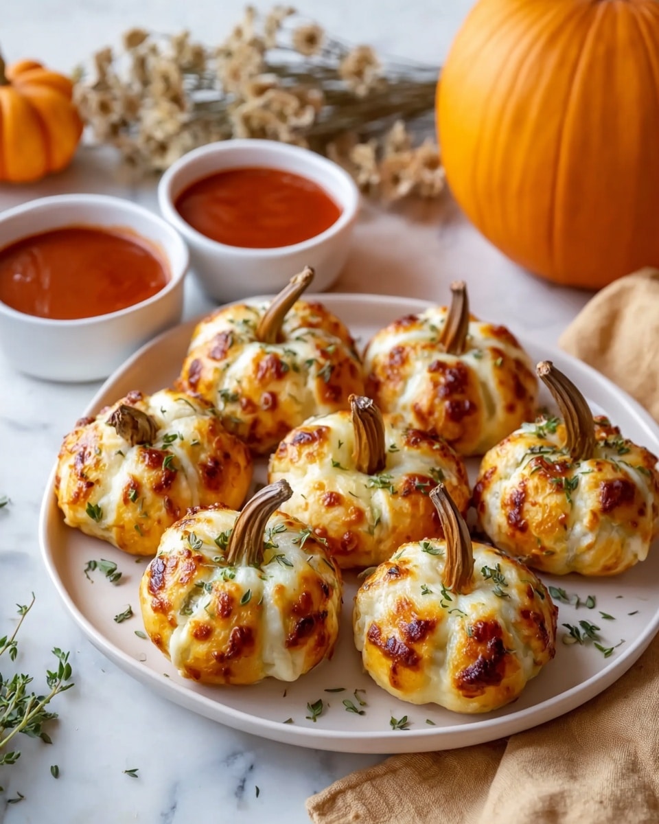 A white round plate holds seven small pumpkin-shaped snacks with a golden-brown color and melted, slightly charred white cheese stripes, each topped with a small brown stem. The pumpkins are sprinkled with green herbs. Behind the plate, there are two small white bowls filled with red sauce. The scene is set on a white marbled surface with a beige cloth and dried flowers around, and a large orange pumpkin placed to the right side. photo taken with an iphone --ar 4:5 --v 7