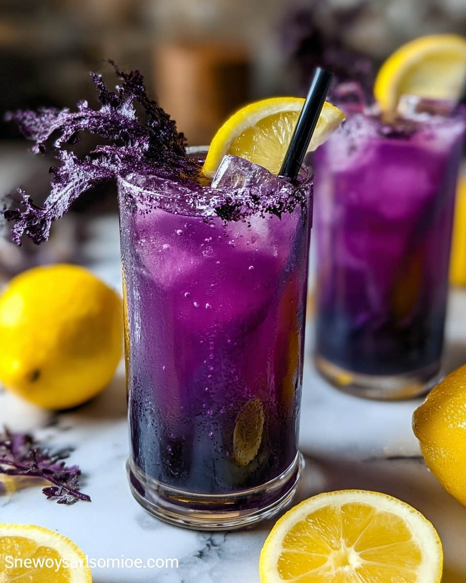 Three tall clear glasses with a thick bottom layer holding crushed ice and bright purple liquid fill the glasses. The purple drink has a rough purple sugar rim on top surrounded by crushed ice and a black straw in each glass. One glass in the front has a yellow lemon slice resting on the rim, with more whole and halved lemons placed around the glasses on a dark wooden surface. There is visible steam rising from the front drink, and the background is softly blurred. photo taken with an iphone --ar 4:5 --v 7