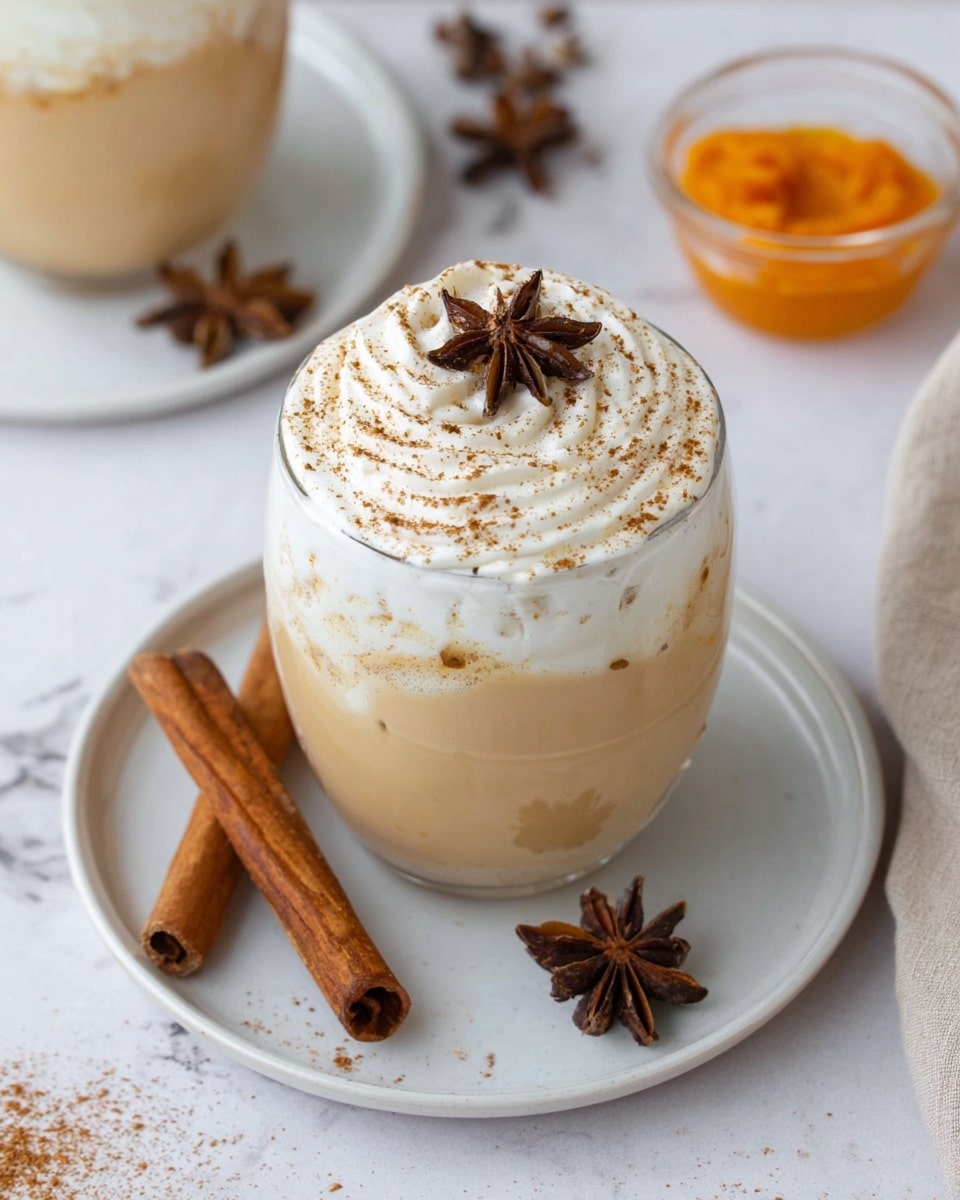 A creamy light brown drink is served in a short clear glass placed on a white plate. The drink has a thick layer of white whipped cream swirled on top, sprinkled with a fine dusting of brown spice powder and decorated with a single star anise on the whipped cream. Two whole cinnamon sticks lie flat on the plate to the left of the glass, while another star anise rests to the right with some spice powder scattered around. In the background, a small clear bowl of orange puree and a partial view of another glass of the same drink can be seen. The setting is on a white marbled surface. photo taken with an iphone --ar 4:5 --v 7