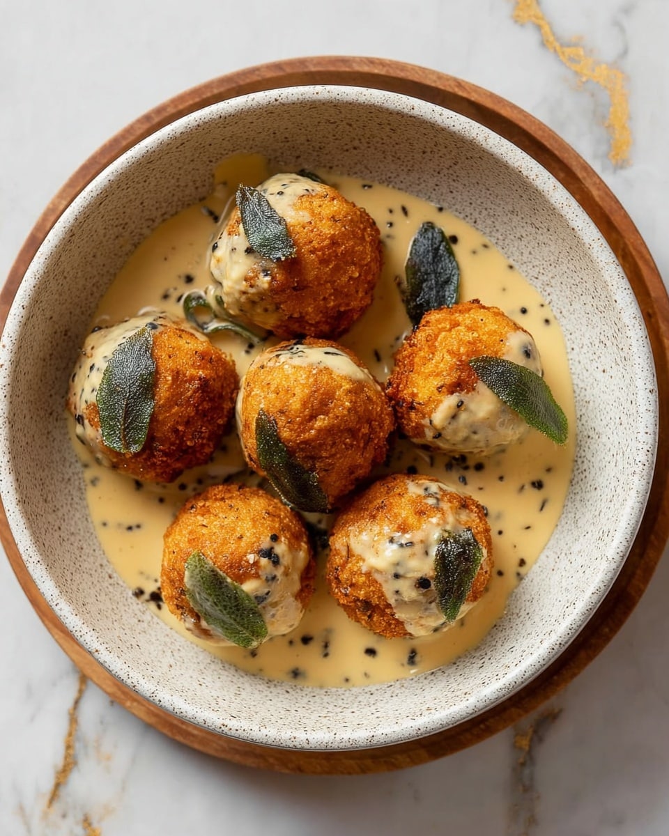 Seven round, golden-brown fried balls arranged closely in a white speckled bowl, each topped with a light cream sauce that has visible black pepper and dark green herb leaves. The bowl sits on a round wooden tray, all placed on a white marbled surface with subtle gold streaks. The sauce pools softly around the base of the balls, adding a smooth texture contrast to the crispy appearance of the fried items. photo taken with an iphone --ar 4:5 --v 7