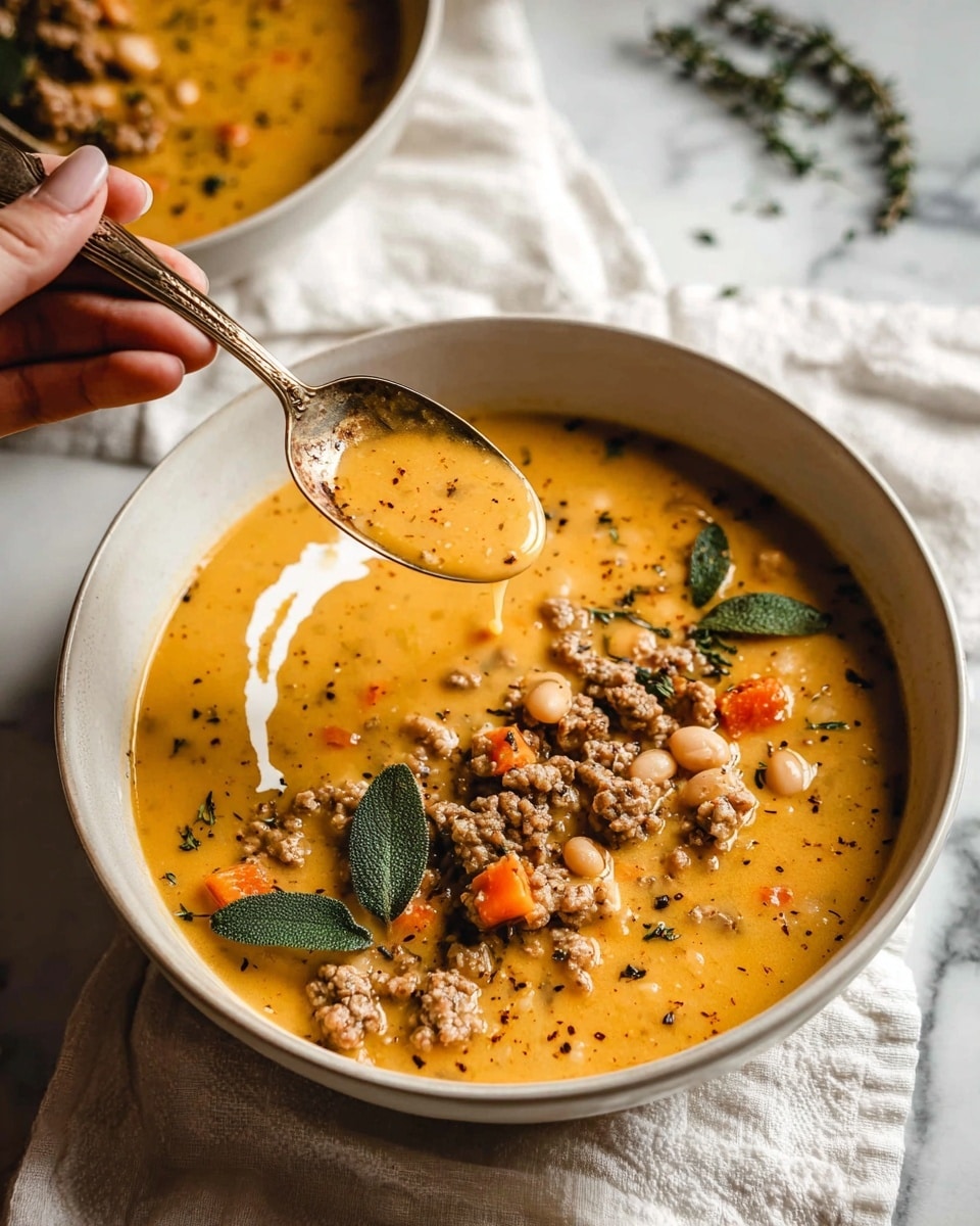 The image shows a bowl of chunky soup with a rich orange broth filled with small cubes of orange carrots, white beans, and browned ground meat. There is a swirl of creamy white sauce on one side of the soup, topped with a sprinkle of red spice and small green herb leaves. Three fresh, dark green sage leaves rest on the creamy swirl. A silver spoon is lifting a spoonful of the soup, showing the mix of ground meat, beans, and carrots clearly. The bowl is white with a speckled texture and sits on a white marbled surface covered partially by a soft white cloth. Photo taken with an iphone --ar 4:5 --v 7