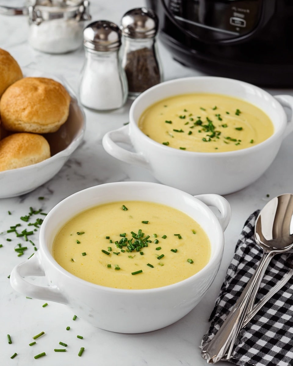 The image shows two white bowls filled with creamy yellow soup, each bowl topped with small green chopped herbs, likely chives, scattered on the surface. The soup looks smooth with a thick texture and the bowls sit on a white marbled table. In the background, there is a bowl of bread rolls, salt and pepper shakers, and part of a black slow cooker. A black and white checkered cloth with two silver spoons lies next to the bowls. The scene looks bright and inviting with a clean and simple setting. photo taken with an iphone --ar 4:5 --v 7