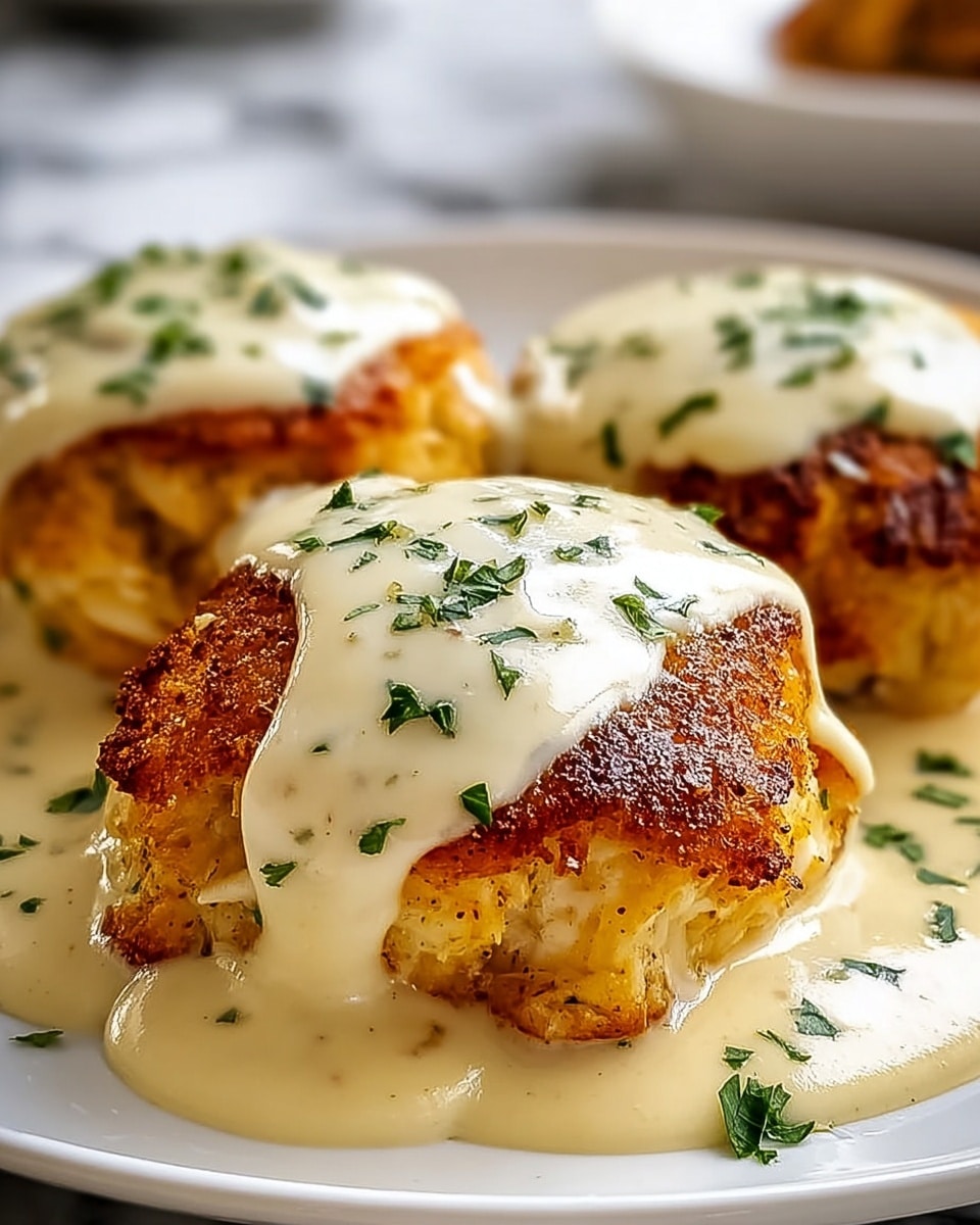Three round patties with a golden brown crispy top layer, sprinkled with green herbs, sit slightly separated on a white plate. Each patty has a middle creamy white sauce layer that drips down the sides, blending into a pool of light yellow sauce surrounding them. The patties have a soft, smooth bottom layer of a pale yellow color. Small bits of green herbs are scattered on and around the sauce on the white plate, which is set on a white marbled surface. photo taken with an iphone --ar 4:5 --v 7