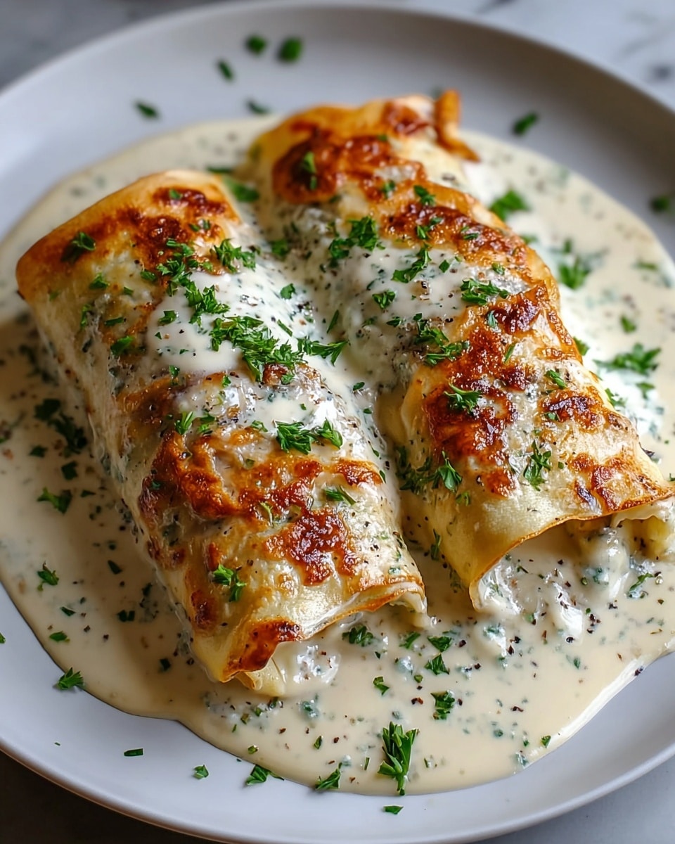 Two rolled crepes are placed side by side on a plain white plate. Each crepe is golden brown with a slightly crispy top layer, showing spots of caramelized browning. Inside, the crepes are filled with a creamy white sauce flecked with black pepper and finely chopped herbs, likely parsley. The same creamy sauce pools around the bottom of the crepes. The dish is garnished sparsely with small green herb pieces on top and around the plate for a fresh look. The background is a white marbled surface. photo taken with an iphone --ar 4:5 --v 7