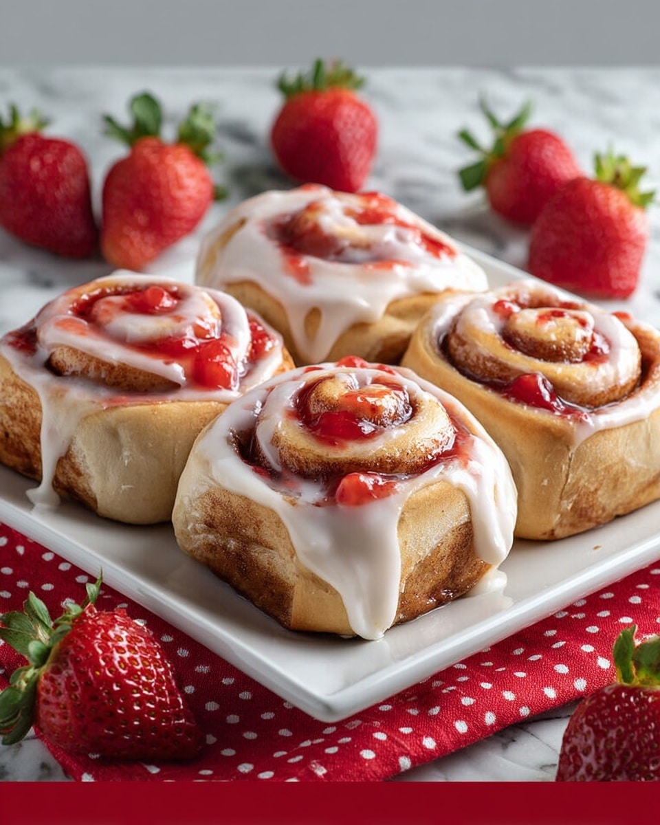 Four cinnamon rolls on a white square plate, each roll showing a spiral shape with a light golden-brown dough layer at the base and middle. A thick layer of white icing drapes over the top edges, melting slightly down the sides. Bright red strawberry sauce is spread in between the dough spirals and drips over the icing in places, adding a glossy, textured contrast. The plate sits on a red cloth with white polka dots, and fresh strawberries are placed around it on a white marbled surface. photo taken with an iphone --ar 4:5 --v 7
