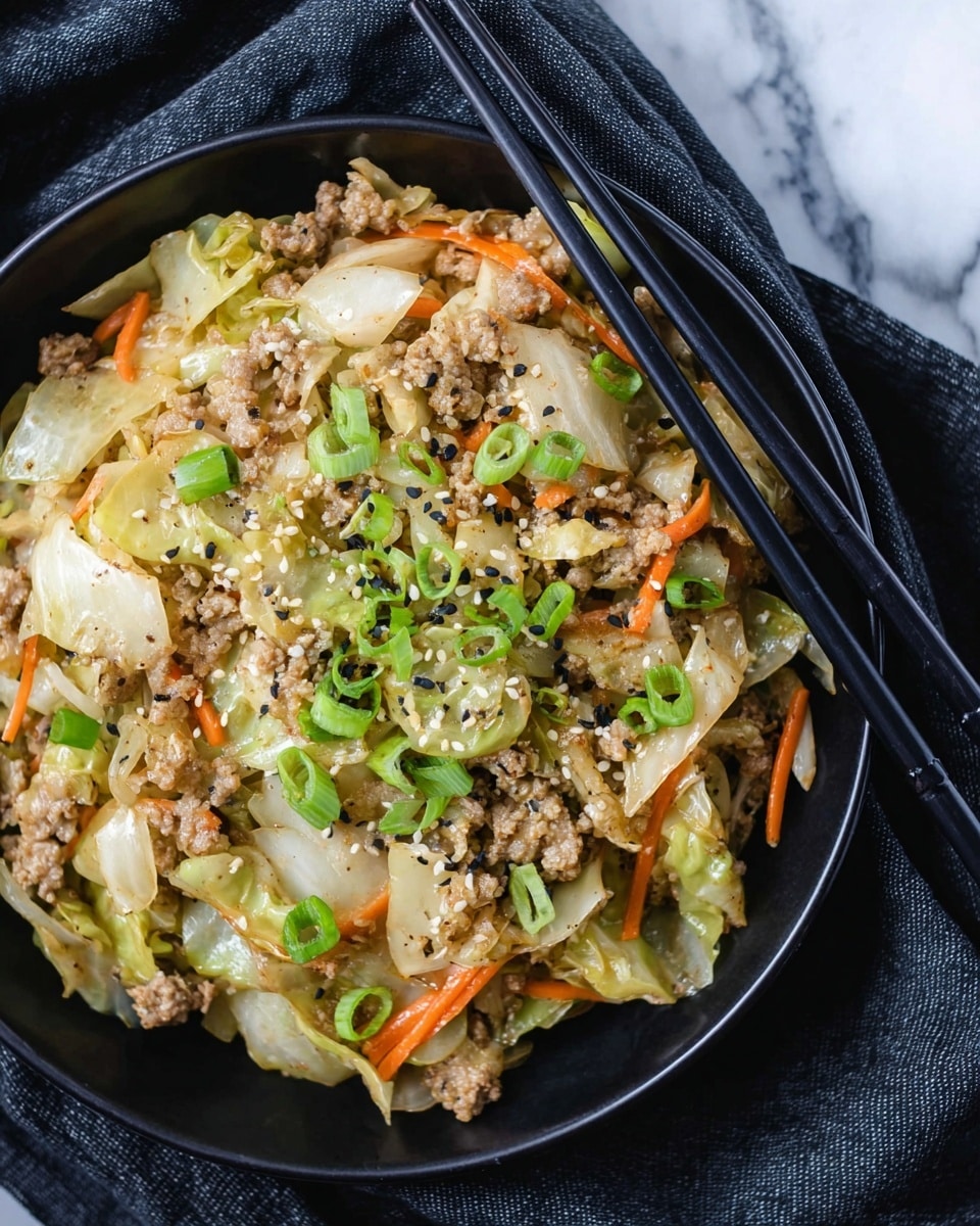 The image shows a close-up of a metal pan filled with a cooked mixture of ground meat, shredded white cabbage, thin orange carrot strips, and chopped green onions. The ground meat is light brown and crumbly, mixed evenly with the cabbage that is soft and translucent. The carrots add bright orange streaks throughout the dish, and small bright green onion pieces are scattered on top, adding color contrast. A metal spoon is scooping some of the mixture, lifting it slightly from the pan. The background includes a halved cabbage with light green and white leaves, all set on a white marbled surface. Photo taken with an iphone --ar 4:5 --v 7