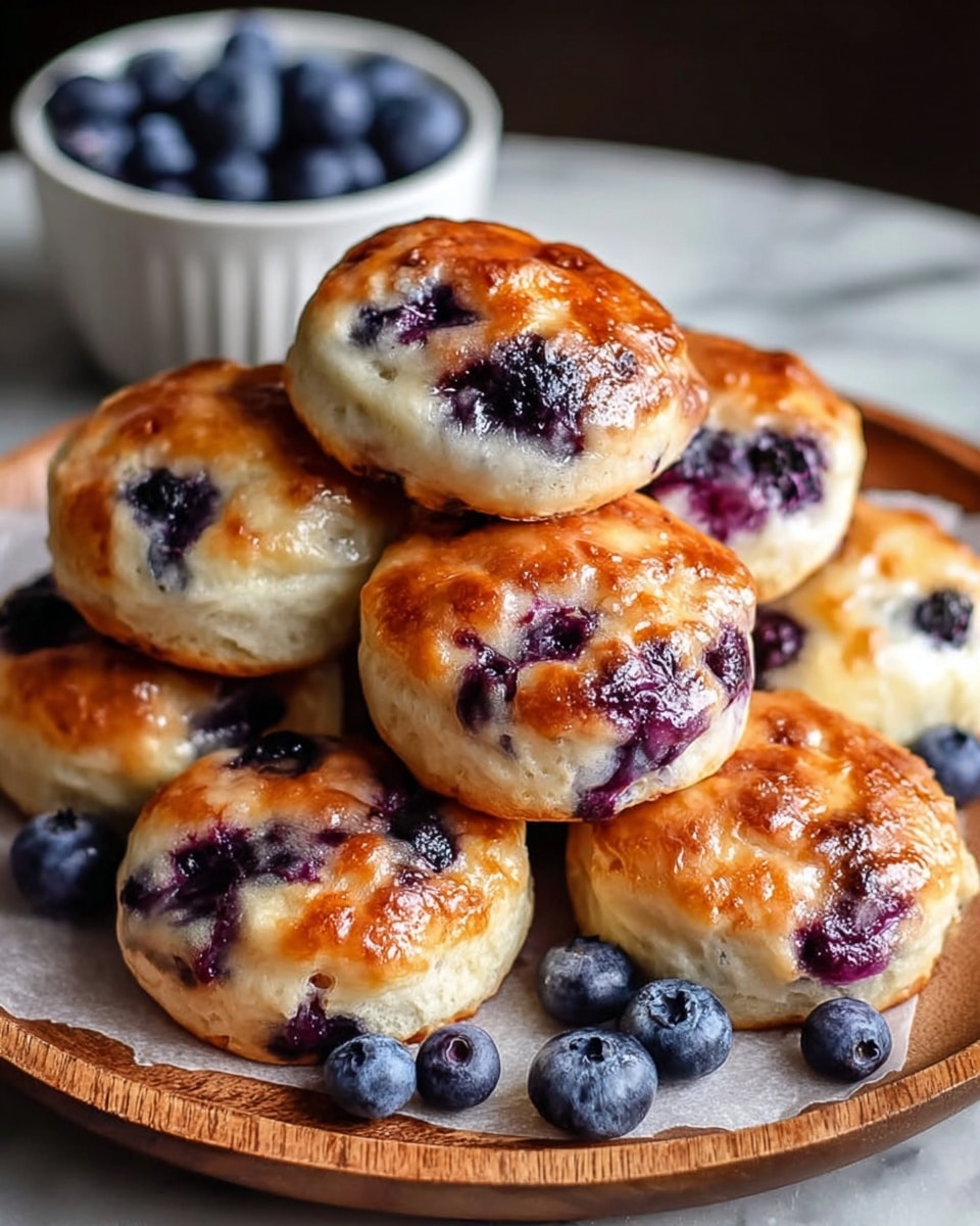 A wooden round plate holds a pile of seven golden brown blueberry biscuits. Each biscuit has a shiny, slightly crispy top with deep purple blueberries peeking through the soft, light dough. The bottom of the biscuits is lighter in color, showing a soft texture. Scattered fresh blueberries are placed on the white paper lining the plate and around the biscuits. In the background, a small white bowl filled with fresh blueberries sits out of focus. The scene is set on a white marbled surface. photo taken with an iphone --ar 4:5 --v 7