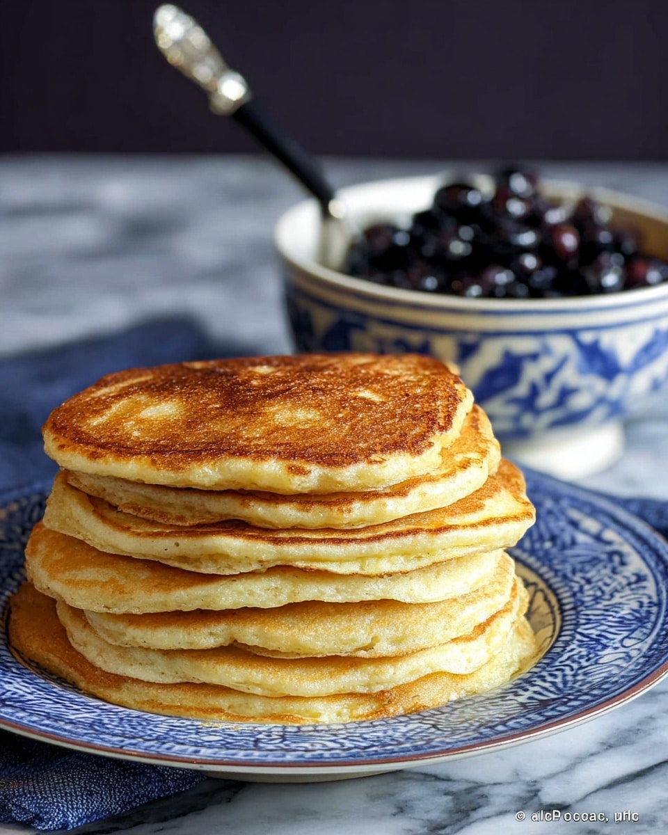 A stack of six thick, golden-brown pancakes with a slightly uneven, fluffy texture sits on a white plate with blue patterns. Each pancake has a light crisp edge and a soft, spongy middle, with the top pancake showing a warm golden surface. Next to the stack is a white bowl with blue patterns filled with dark, glossy blueberries, and a silver spoon with a black handle rests inside the bowl. The setup is placed on a white marbled surface with a dark, blurred background. photo taken with an iphone --ar 4:5 --v 7
