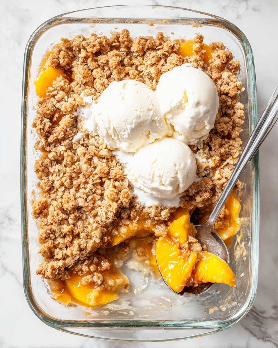 A clear glass baking dish shows a peach crumble dessert with three layers: at the bottom, soft vibrant orange peach chunks; in the middle, a thick layer of brown crumbly topping with oats, rough and textured; on top, three rounded scoops of creamy white vanilla ice cream slightly melting into the crumble. A worn metal spoon rests inside the dish, partly scooping some peaches and topping, with some crumbs scattered nearby on a white marbled surface. photo taken with an iphone --ar 4:5 --v 7