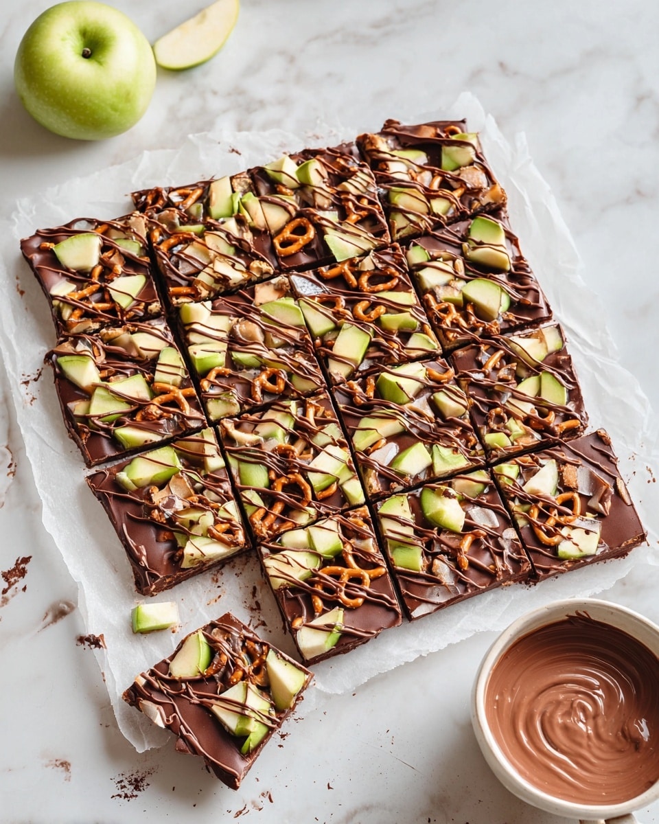 A large square chocolate bark cut into 16 small square pieces rests on white parchment paper placed on a white marbled surface, each piece topped with a mix of light green apple chunks and broken pretzel pieces. The chocolate layer is dark brown, glossy, and thick, with a drizzle of darker chocolate on top, adding a decorative touch. To the left, a green apple quarter slightly appears on the white marbled surface, while at the bottom right corner, a white cup filled with melted milk chocolate shows a swirling pattern on its surface. One piece of the chocolate bark is separated and lies near the bottom left, showing a close-up of the toppings. Photo taken with an iphone --ar 4:5 --v 7