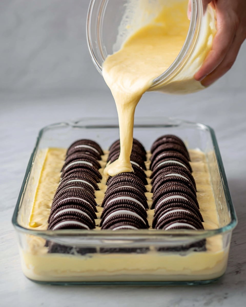 A clear rectangular glass baking dish is filled with a base layer of pale yellow batter with a smooth texture. Inside the dish, two neat rows of chocolate sandwich cookies with white cream center stand upright, partially embedded in the batter. A woman's hand is pouring more of the same yellow batter over the cookies from a clear glass bowl, the batter flowing thickly and covering parts of the cookies. The background surface is a white marbled texture with soft natural light. photo taken with an iphone --ar 4:5 --v 7