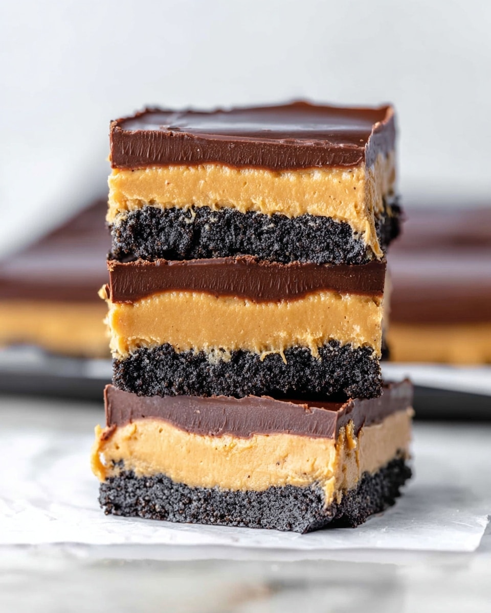 The image shows three stacked dessert bars placed on white parchment paper over a white marbled surface. Each bar has three clear layers: the bottom layer is a dark, crumbly crust with a rough texture, the middle layer is a thick, smooth, golden peanut butter filling with a creamy look, and the top layer is a shiny, dark chocolate coating that looks firm and slightly cracked. The bars are perfectly cut with sharp edges, showing the contrast between the dark crust and chocolate and the light peanut butter filling. The focus is close-up, highlighting the details and thickness of each layer. photo taken with an iphone --ar 4:5 --v 7