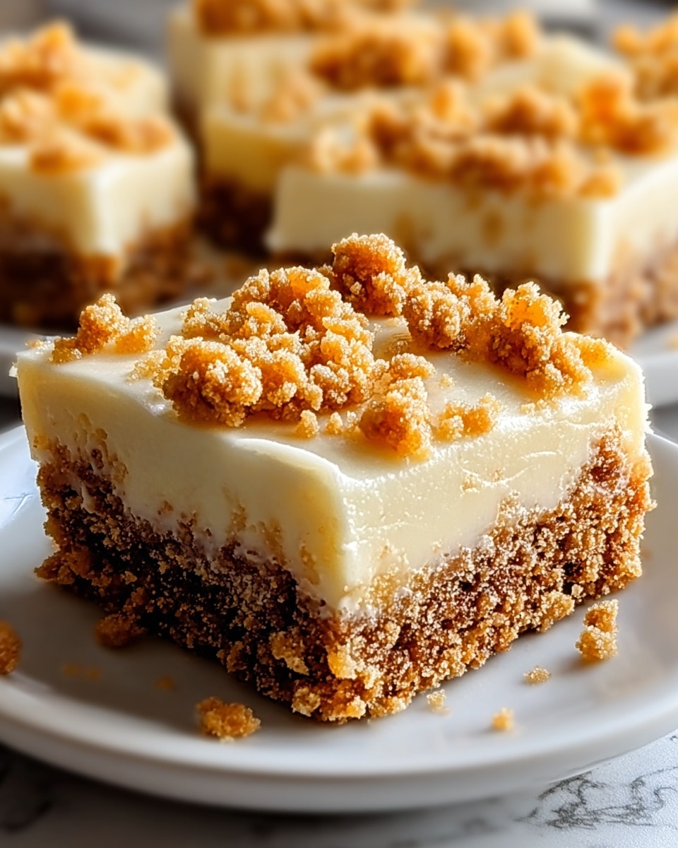 A close-up view of a square piece of carrot cake with two distinct layers, sitting on white parchment paper and placed on a white plate. The bottom layer is thick, crumbly, and deep brown with visible bits of carrot and nuts. The top layer is smooth, creamy, and off-white, spread evenly with a few swirls. Small, crunchy, golden-brown nut pieces are sprinkled over the frosting, adding texture. The background shows more pieces of the same cake slightly out of focus, arranged on the same white marbled surface. Photo taken with an iphone --ar 4:5 --v 7