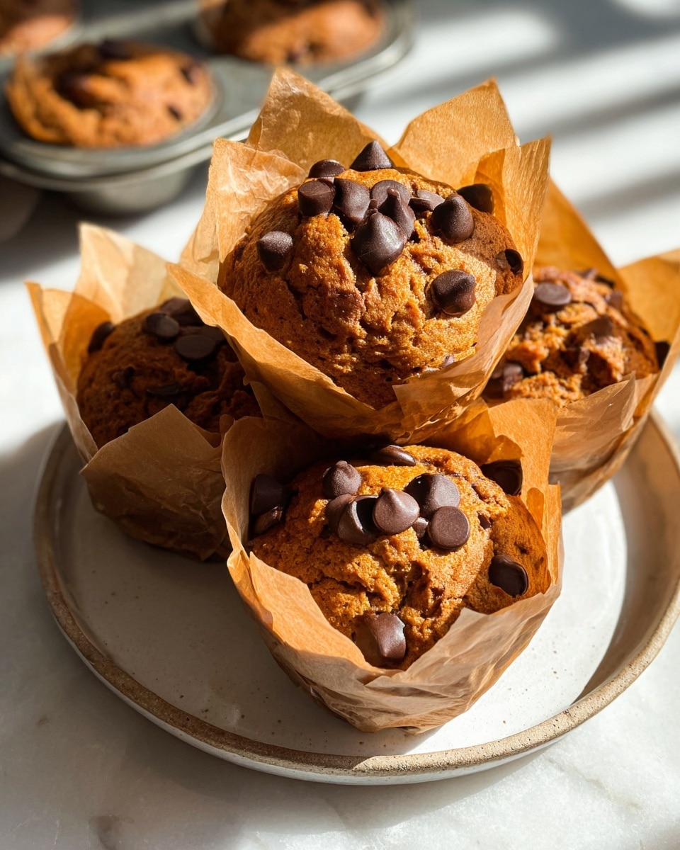 The image shows three golden-brown muffins, each wrapped in parchment paper with a crinkled texture. The muffins have a cracked, rough surface and are topped with several melted dark chocolate chips scattered unevenly on the top. They are stacked closely in a round white plate with a slightly rough edge visible along the rim. The plate rests on a white marbled texture surface. In the top part of the image, a metal muffin tray with more muffins inside is partially visible. The warm natural sunlight highlights the textures and chocolate chips of the muffins, casting soft shadows. photo taken with an iphone --ar 4:5 --v 7