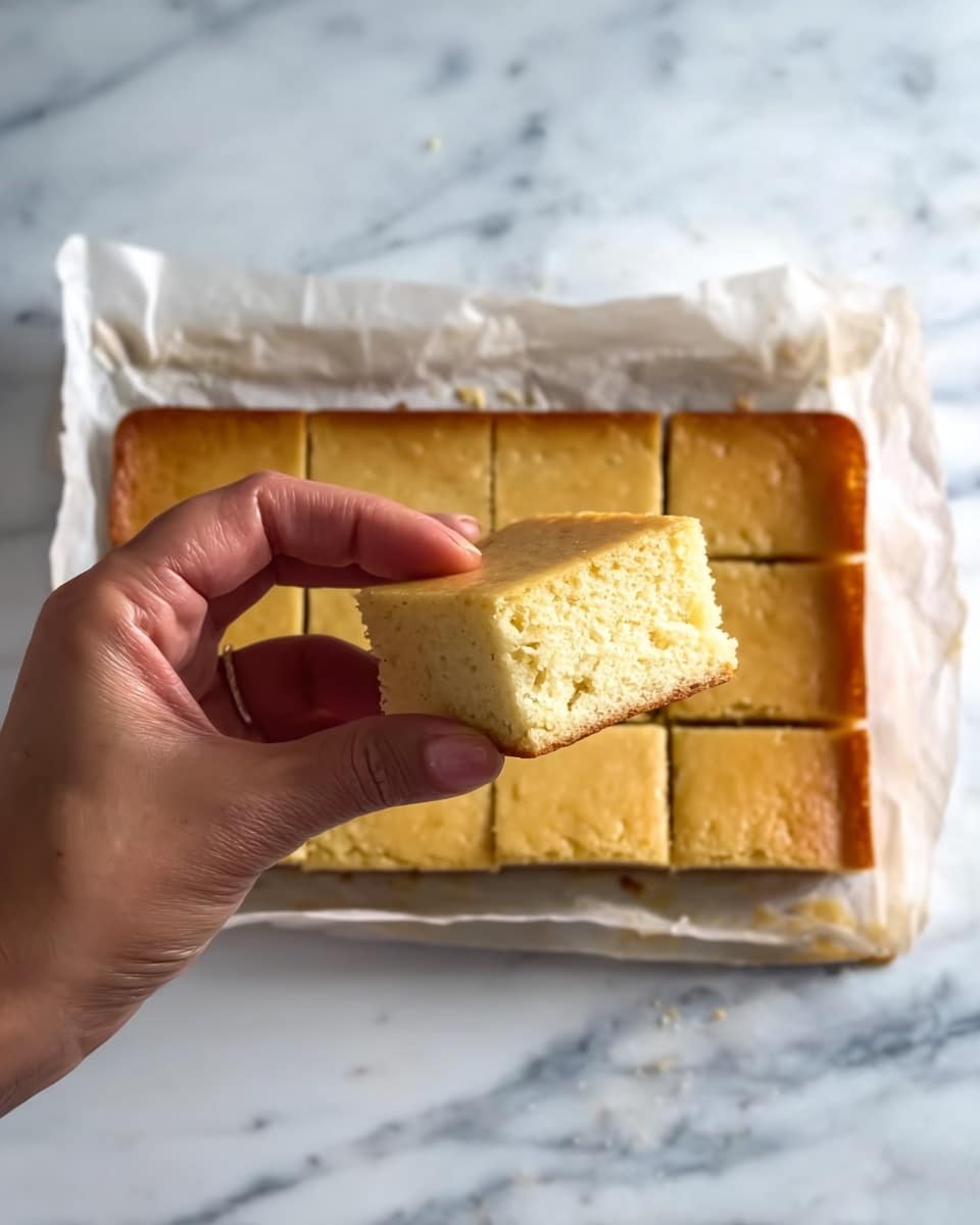 A woman's hand holds a single, square piece of a soft, light yellow cake with a slightly browned crust on the top and bottom. Behind the hand, there is a larger, rectangular cake on white parchment paper, cut into nine equal square pieces. The cake has a smooth texture and a pale golden color, set on a white marbled surface. photo taken with an iphone --ar 4:5 --v 7