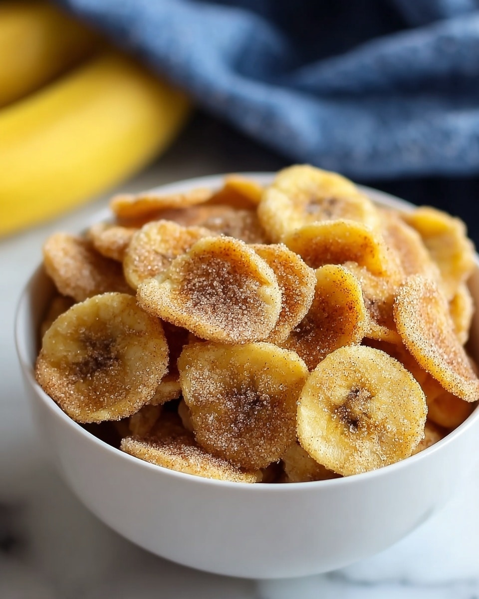 A white bowl filled with many thin, round banana chips that are golden yellow with a light brown cinnamon sugar coating fully covering their surfaces, creating a fine, grainy texture. The chips are piled up, showing the curved edges and slight crispness, with each slice clearly separated but overlapping naturally. The bowl sits on a white marbled surface with a soft focus of a banana and blue cloth in the background, adding a cozy feel to the scene. The photo is close-up, with soft natural light highlighting the sugar crystals on the chips. Photo taken with an iphone --ar 4:5 --v 7