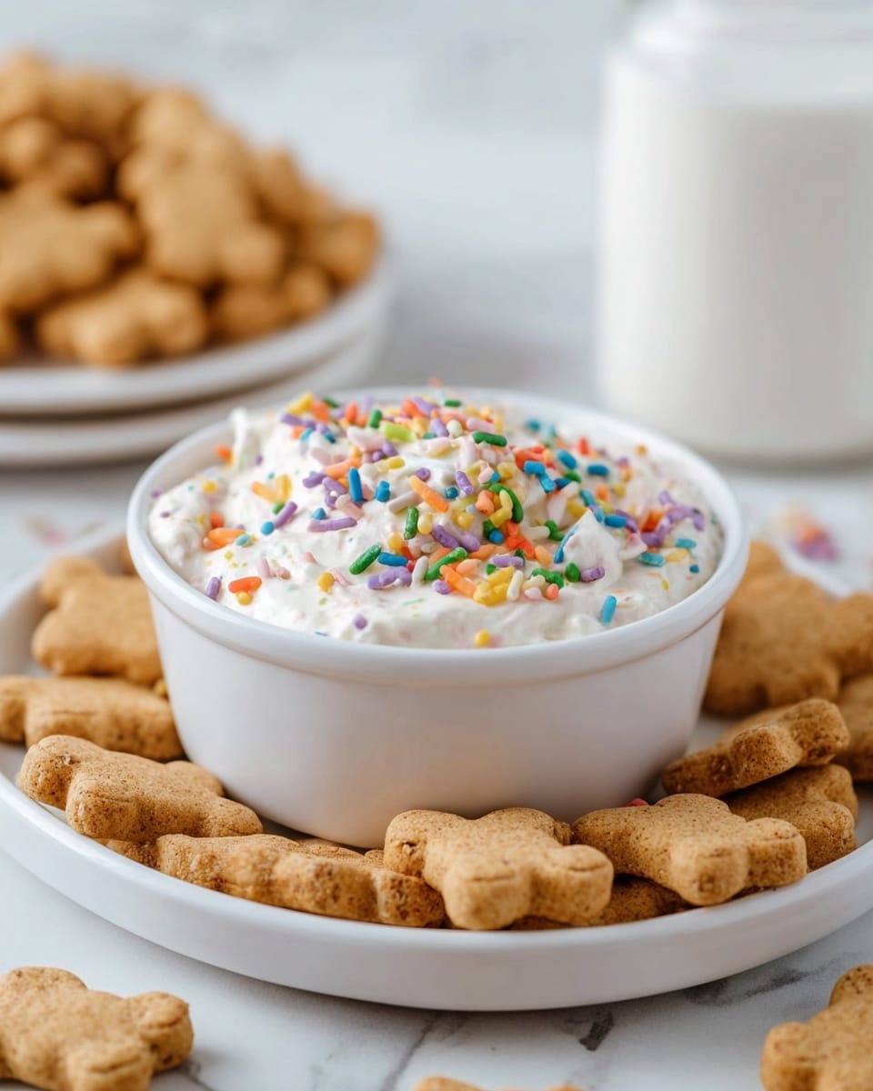 The image shows a close-up of six clear plastic compartments arranged in a grid on a white marbled surface. Three compartments are filled with small, light brown teddy bear-shaped cookies, showing a rough texture with visible browning. The other three compartments hold a white creamy yogurt dotted with colorful sprinkles in purple, orange, green, yellow, pink, and blue. Each yogurt compartment has one teddy bear cookie placed on top or slightly held above it, creating a fun contrast of textures and colors. photo taken with an iphone --ar 4:5 --v 7