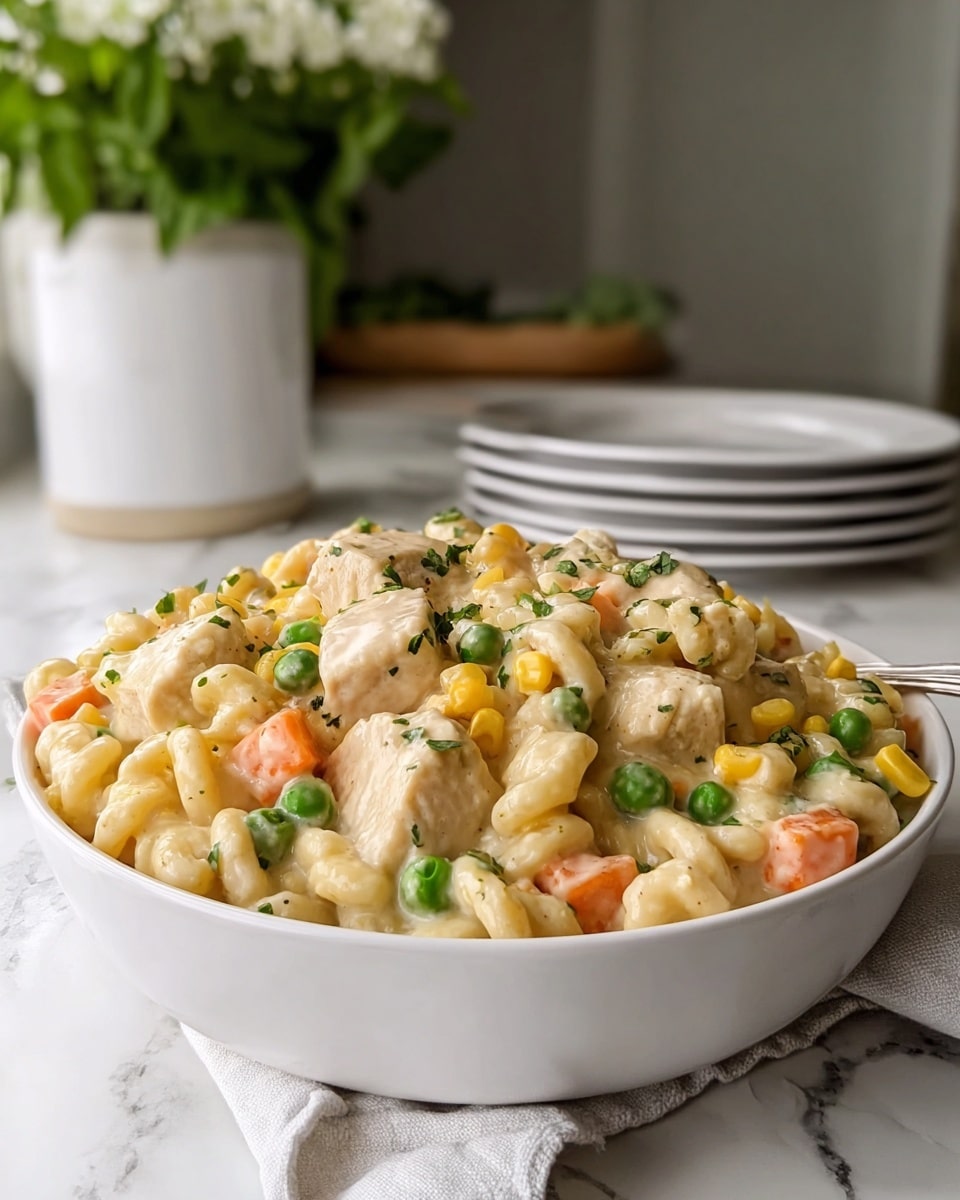 A white bowl filled with a creamy chicken noodle dish sitting on a white marbled surface with a white cloth nearby. The dish has several visible layers: plump light brown chicken chunks, small bright green peas, bright orange carrot pieces, and yellow corn kernels, all mixed into creamy, thick, off-white sauce coating short, curly noodles. Small green herbs are sprinkled throughout, adding color contrast. In the soft-focused background, there is a stack of white plates and a white pot with green leafy plants and white flowers. Photo taken with an iphone --ar 4:5 --v 7