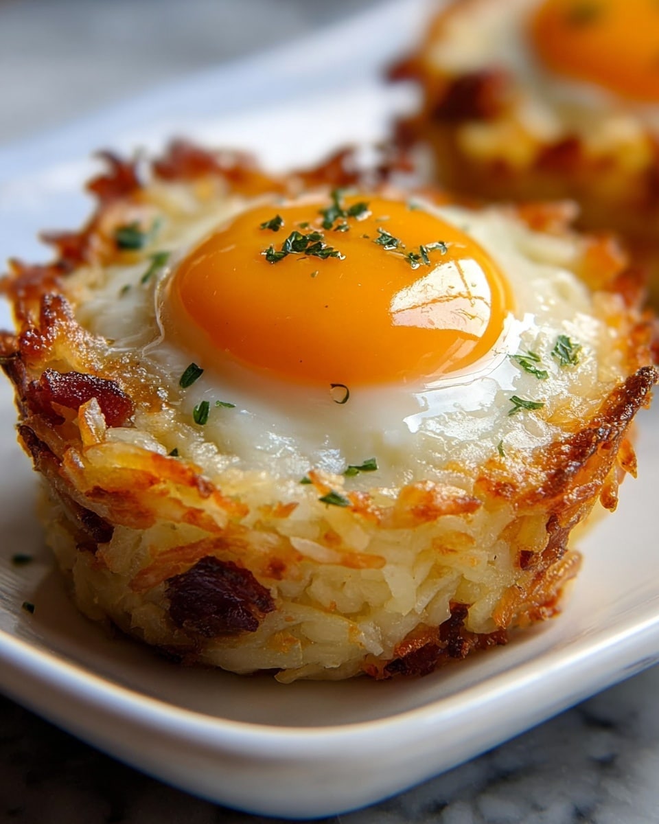 A close-up view of a round hash brown and egg muffin on a white plate, sitting on a white marbled surface. The bottom layer is a golden-brown crispy hash brown made of shredded potatoes shaped into a thick round base with some browned edges. There are small pieces of crispy brown bacon mixed within the hash brown layer. On top sits a perfectly cooked sunny-side-up egg with a bright, shiny orange yolk in the center surrounded by white, cooked but still soft egg white edges. Small green herb flakes are sprinkled on the yolk and white, adding color contrast. The lighting highlights the glossy texture of the egg yolk and the crunchy texture of the hash brown and bacon. photo taken with an iphone --ar 4:5 --v 7