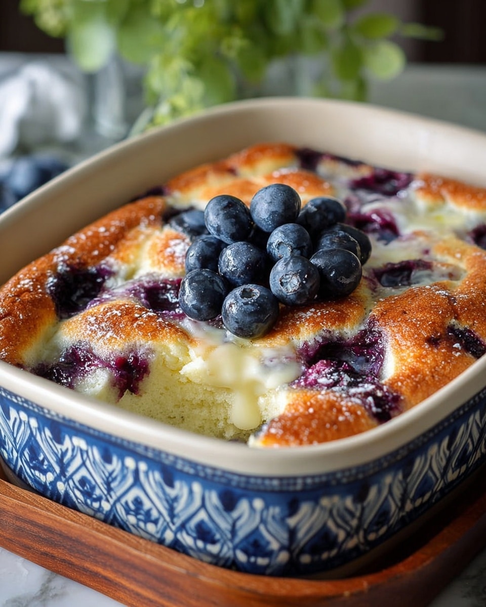 A baked dessert in a white ceramic dish with blue patterns shows a golden brown, fluffy top layer with pockets of melted creamy white filling. Beneath this top layer are baked blueberries that create deep purple spots dotting the surface. In the center, a small pile of fresh, plump blueberries rests on the warm dessert. The dish is placed on a wooden board with a blurred green plant in the background, all set on a white marbled texture. photo taken with an iphone --ar 4:5 --v 7