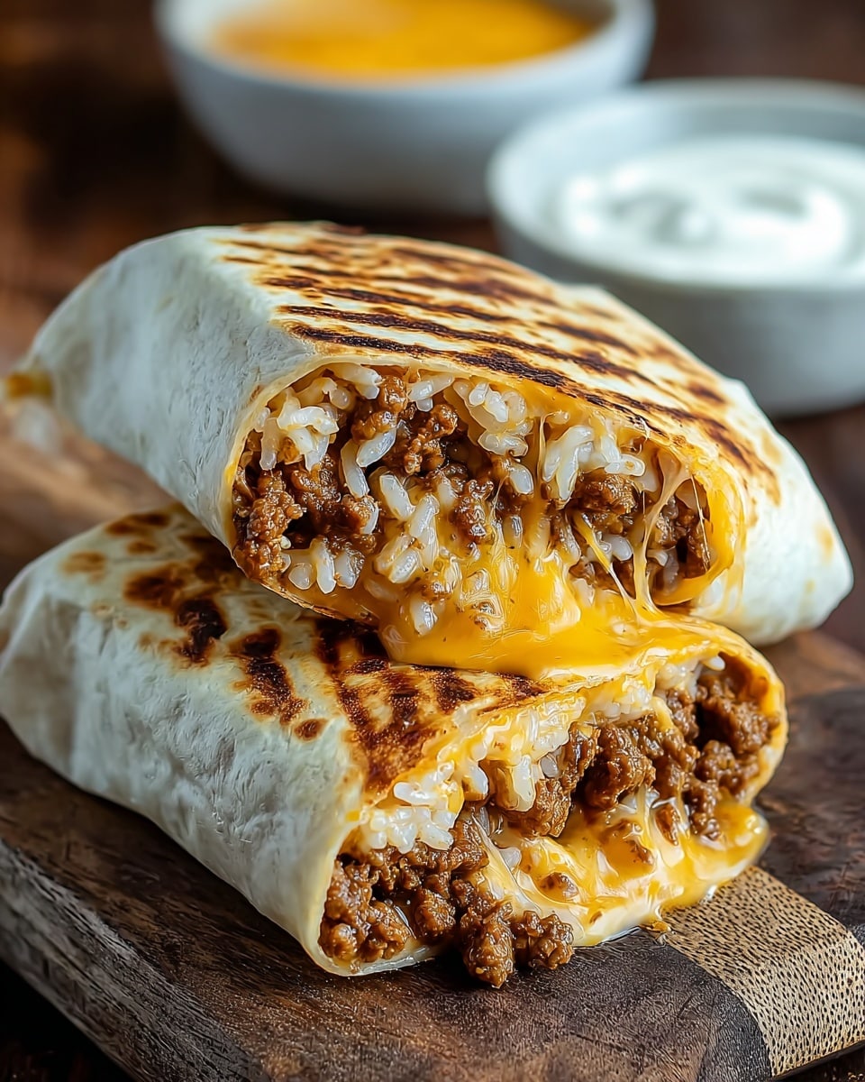 A close-up of a folded tortilla burrito on a wooden surface, showing three layers inside: melted golden-orange cheese stretching out, browned cooked ground meat mixed with rice, and white creamy sauce on top. The outside of the burrito is lightly toasted with golden brown grill marks covering the soft tortilla. Steam rises from the warm burrito, highlighting its fresh and hot texture. photo taken with an iphone --ar 4:5 --v 7