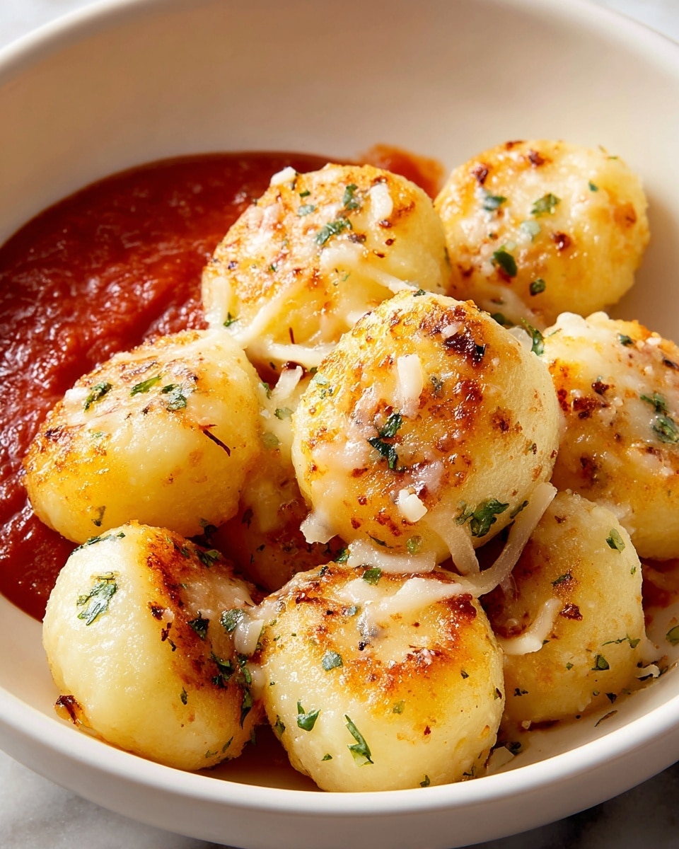 A close-up view of eight round, golden-yellow gnocchi pieces covered with small bits of white and slightly browned melted cheese and specks of green herbs, arranged in a white bowl with a small pool of thick red marinara sauce visible behind them on one side. The gnocchi have a soft texture with a light crust on top, and there is a white marbled surface underneath the bowl. photo taken with an iphone --ar 4:5 --v 7