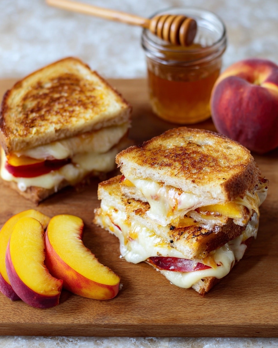 The image shows two grilled sandwiches on a wooden board with a toasted golden-brown crust. One sandwich is cut in half and stacked, showing three visible layers inside: the bottom layer of slightly melted white cheese, the middle layer of thin peach slices with red skin, and the top layer of gooey melted cheese that stretches slightly where a bite was taken. Next to the sandwiches, there is a whole peach and sliced peach pieces, adding red, orange, and yellow tones. Behind, there is a small glass jar filled with honey and a wooden honey dipper resting inside. The whole scene is set on a white marbled texture surface. photo taken with an iphone --ar 4:5 --v 7