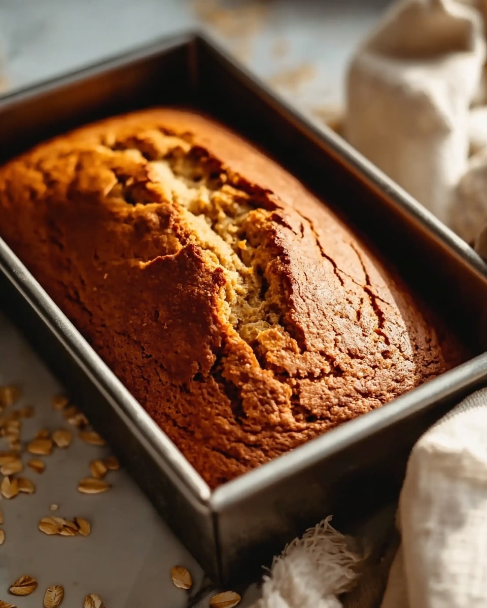 A freshly baked loaf of golden brown bread sits in a rectangular metal baking pan with a cracked top center revealing a lighter, soft inside. The crust is crisp with a rich brown color, and the texture shows slight cracks and uneven surface. The metal pan edges shine softly, with a white marbled texture partly visible around it. Some out-of-focus oats lie on the surface nearby, complementing the warm tone of the loaf. Photo taken with an iphone --ar 4:5 --v 7