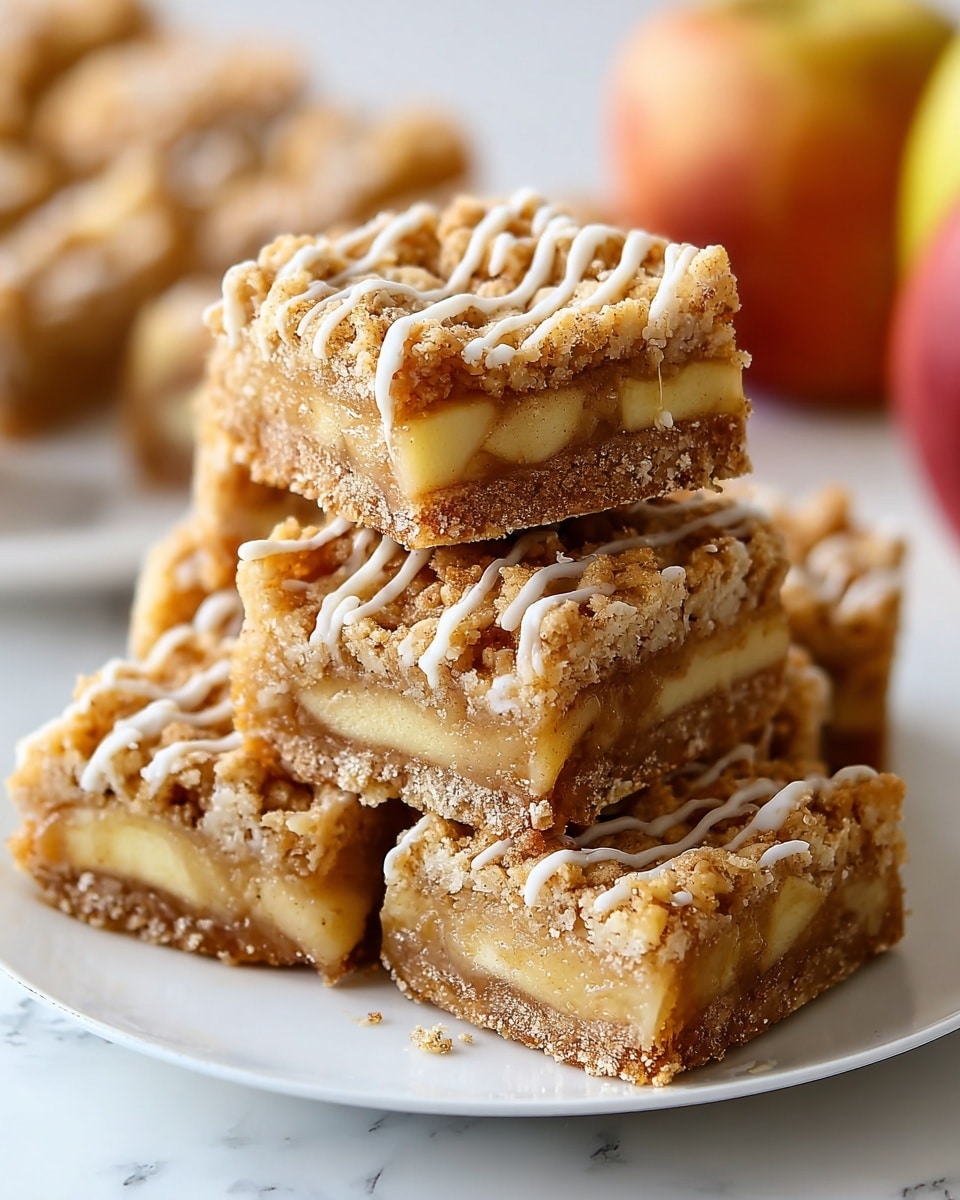 The image shows a stack of six square apple crumble bars on a white plate with a white marbled texture underneath. Each bar has three visible layers: a crumbly light brown base, a thick middle layer of soft, pale yellow apple slices coated in a cinnamon-spiced syrup, and a crumbly golden brown topping. The bars are drizzled with thin, white icing lines across the top, adding a glossy texture that contrasts with the crumbly top. In the background, out of focus, there are a few apples adding a warm touch to the scene. Photo taken with an iphone --ar 4:5 --v 7