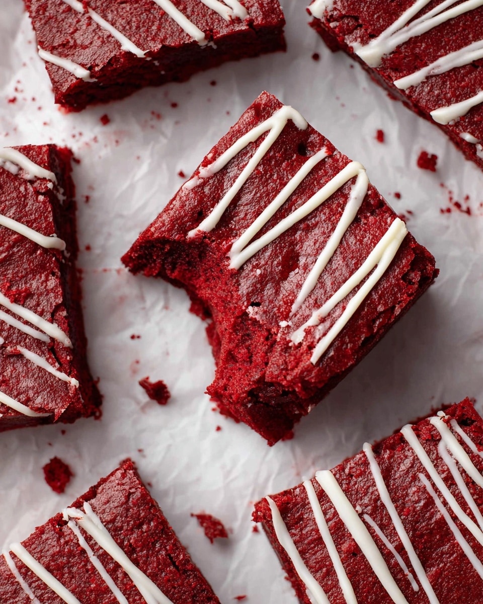 The image shows a stack of three thick, rectangular red velvet brownies placed on a piece of white parchment paper. The brownies are a deep red color with a moist and dense texture, and the top brownie has visible white icing lines drizzled across its surface. The top brownie’s upper part has a bite taken out of it, revealing the soft, slightly crumbly inside. The background features a smooth white marbled texture that enhances the vibrant red of the brownies. photo taken with an iphone --ar 4:5 --v 7