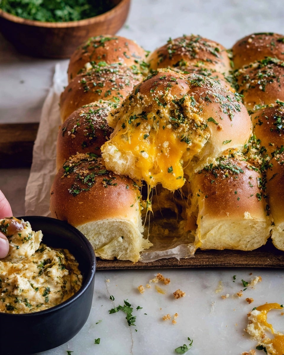 The image shows a cluster of six soft, golden brown bread rolls topped with chopped herbs and garlic, with one roll being pulled apart by a woman's hand, revealing gooey, melted bright orange cheddar cheese stretching between the layers. The rolls are baked close together, forming a connected block with a shiny, slightly crispy top. Next to the rolls is a small black bowl filled with a creamy, chunky dip that looks like a mix of cheese and herbs. The setting is a white marbled surface with some scattered herbs and a wooden bowl filled with green chopped herbs in the background. Photo taken with an iphone --ar 4:5 --v 7
