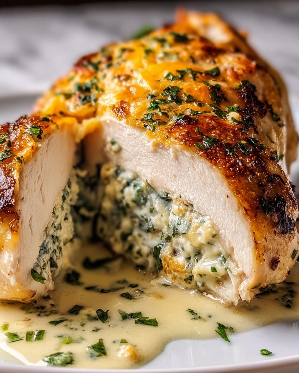 Two cooked chicken breasts are placed on a white plate, each topped with a melted yellow cheese layer that has some browned spots and sprinkled chopped green herbs. The chicken breast in the front is cut open, showing a creamy white and yellow filling mixed with green herbs inside. There is some light sauce pooling around the chicken on the plate. The plate is set on a white marbled surface. Photo taken with an iphone --ar 4:5 --v 7
