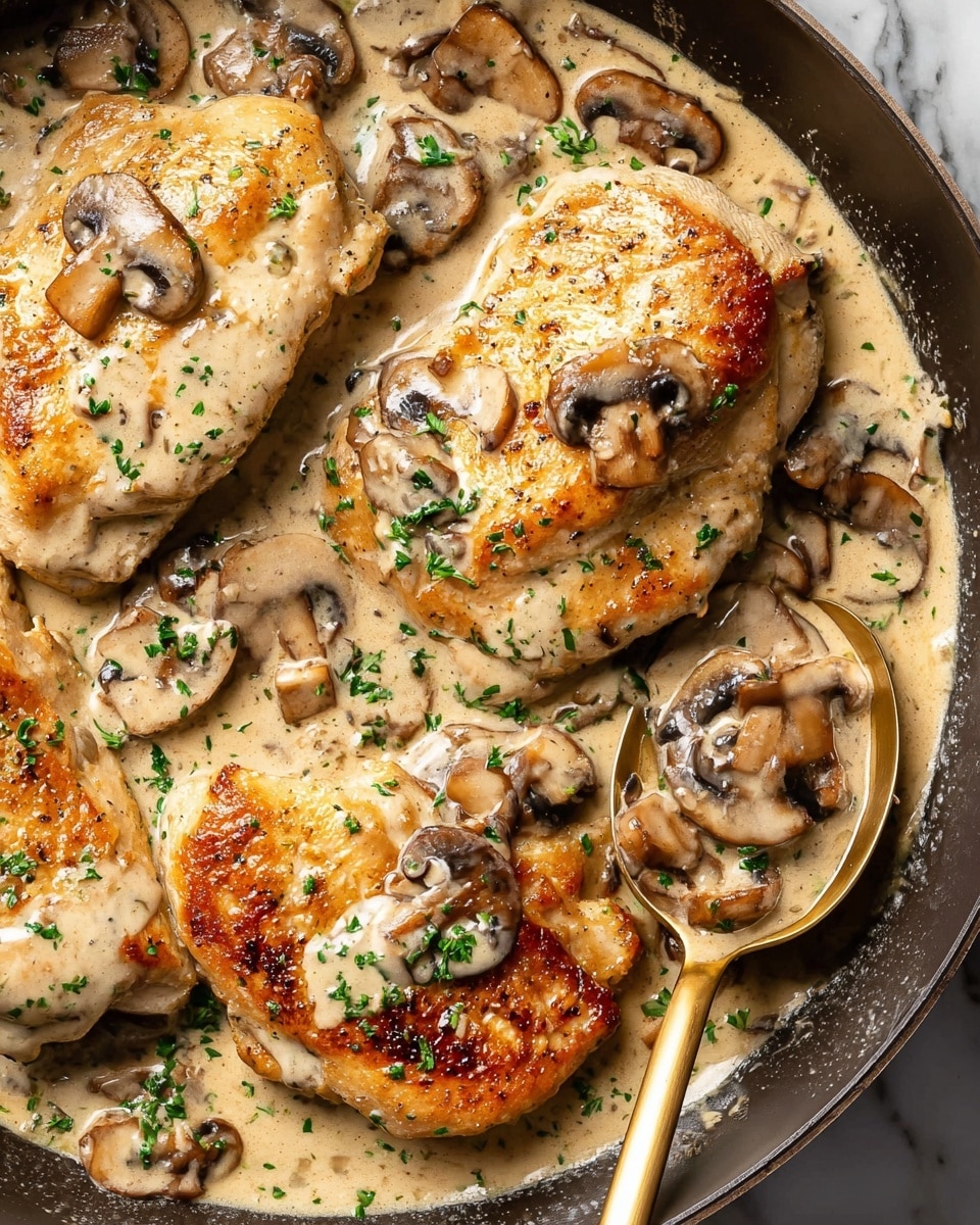 The image shows a close-up of four golden-brown cooked chicken breasts in a creamy mushroom sauce inside a dark pan. The chicken pieces have a slightly crispy texture and are topped with light green chopped herbs. The sauce is thick, beige in color, and filled with sliced brown mushrooms that have a soft, cooked look. A gold spoon rests on the right side of the pan, containing a few mushrooms covered in sauce. The background features a white marbled texture. photo taken with an iphone --ar 4:5 --v 7