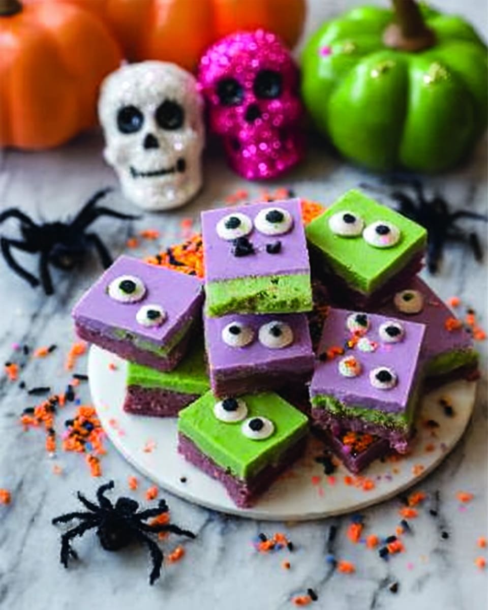 The image shows a white plate on a white marbled surface filled with colorful square fudge pieces that have two visible layers: the bottom layer is purple and the top layer is green with cartoon eyes and facial features that look like fun, spooky monsters. Around the plate, there are small orange, black, and white sprinkles scattered. In the background, there are small decorative pumpkins, glittery skull shapes in pink, white, and green, and a small black spider, giving a Halloween vibe. Photo taken with an iphone --ar 4:5 --v 7