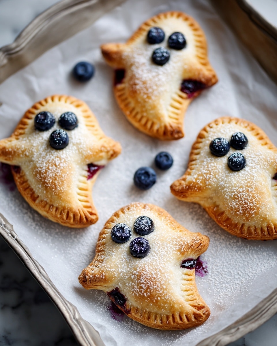 The image shows four small ghost-shaped hand pies made from golden-brown pastry on a baking tray lined with white parchment paper. Each pie has two layers: the bottom layer is the base crust with a crimped edge, and the top layer is a ghost shape with three small dark blueberry spots as eyes and mouth, with some fresh blueberries slightly oozing out from the mouth area. The pies are dusted with fine white powdered sugar, adding a light dusting over the smooth pastry surface. Around the pies, a few loose blueberries are scattered on the white marbled textured surface. Photo taken with an iphone --ar 4:5 --v 7